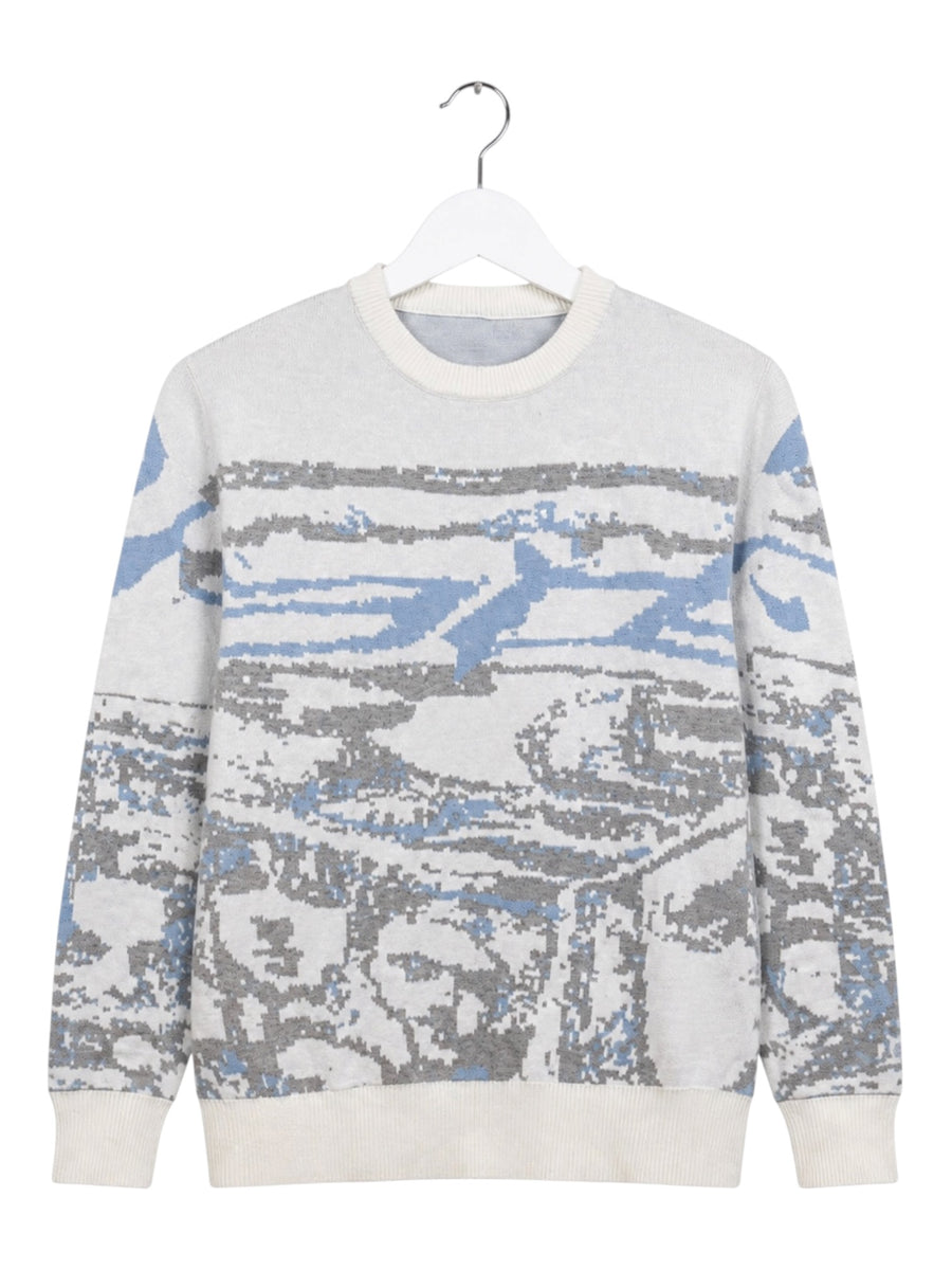 Cityscape Jacquard Vintage Sweater Herren Grau Blau XL